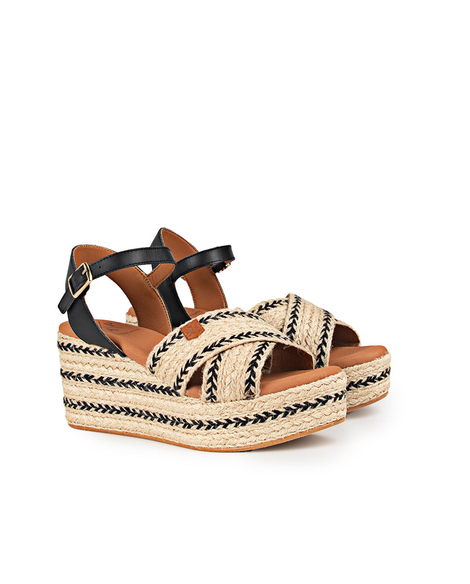 Benijo Salem Black Jute Low Wedge with buckle