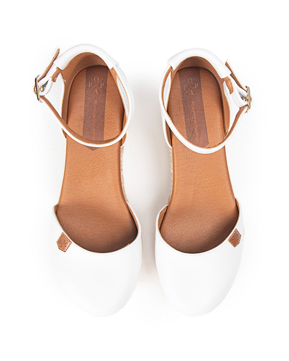 Cuña Baja Yute Cantalar Piel Blanco con hebilla