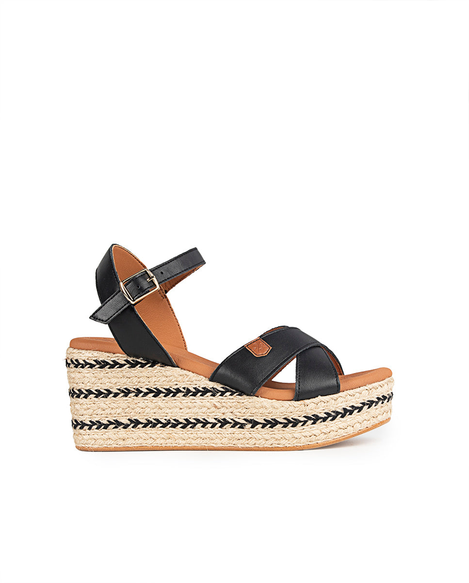 Low Jute Benijo Black Leather Wedge with buckle