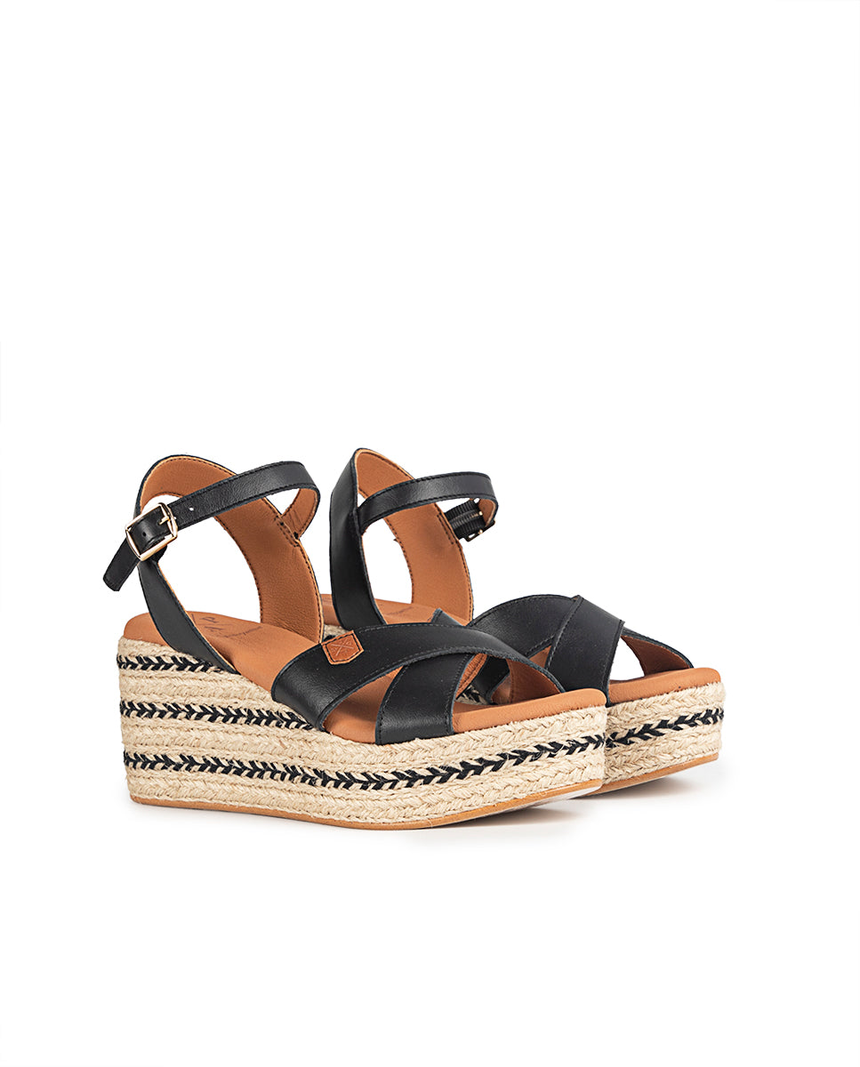 Low Jute Benijo Black Leather Wedge with buckle