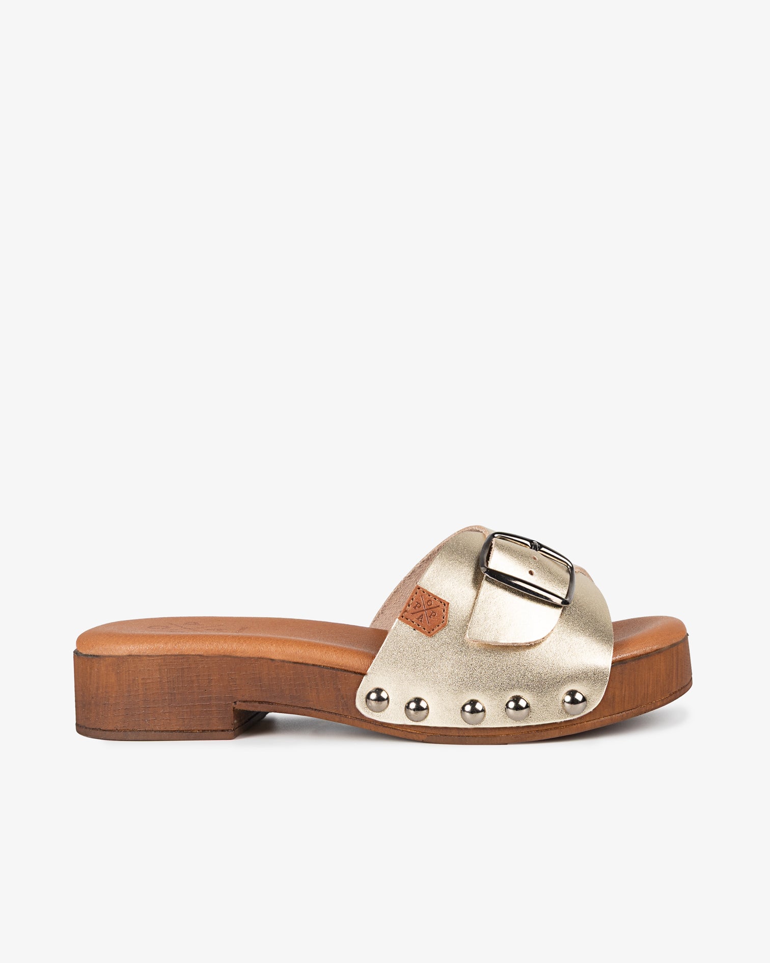 Sandalia Madera Tachas Cumaru Piel Oro 35