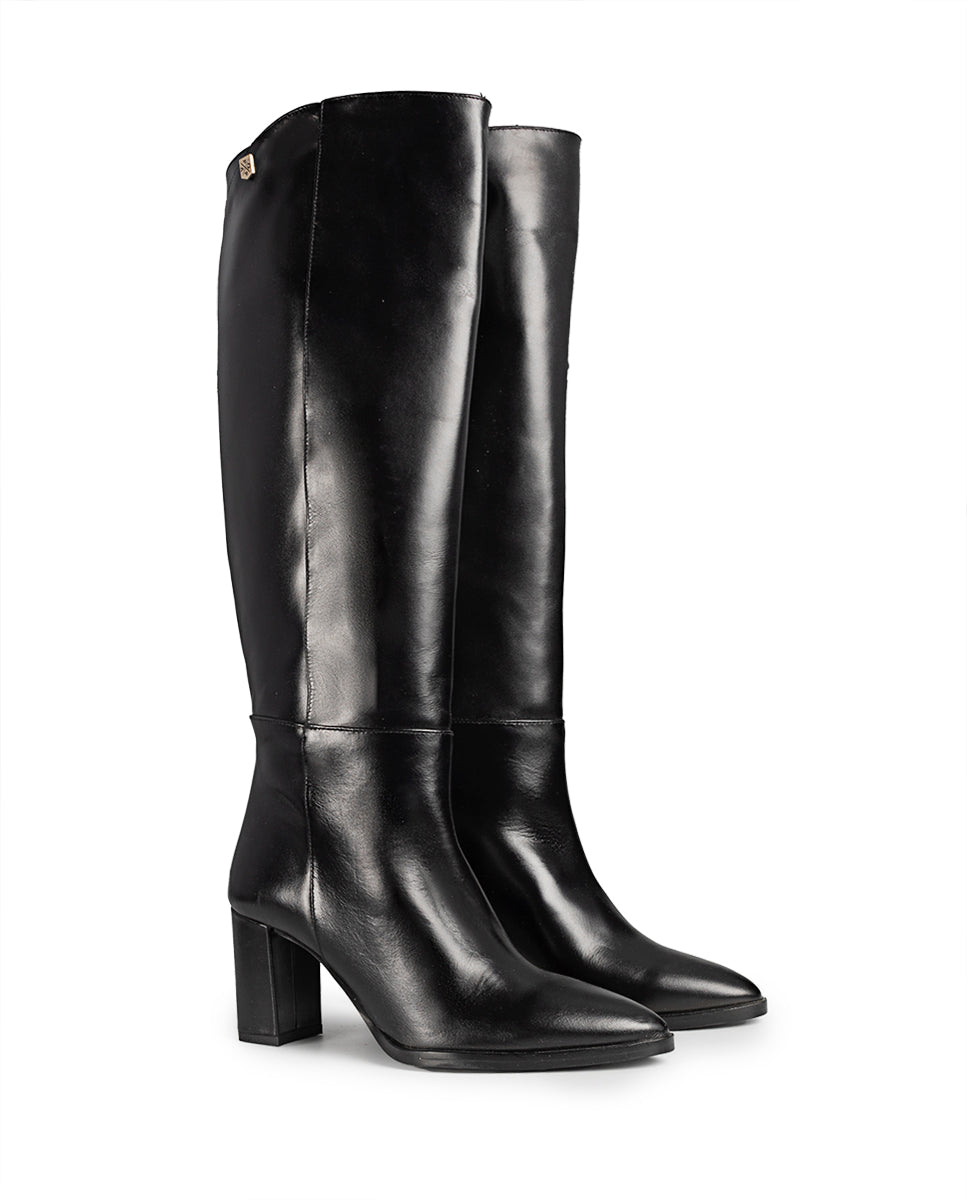 Aria Black Leather Heeled Boot