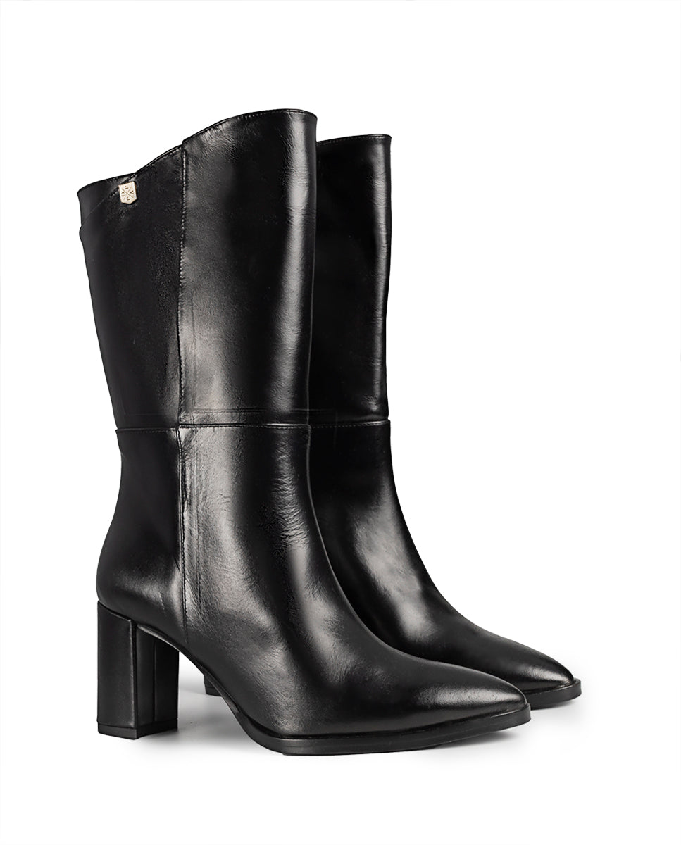 Agatha Black Leather Heeled Boot