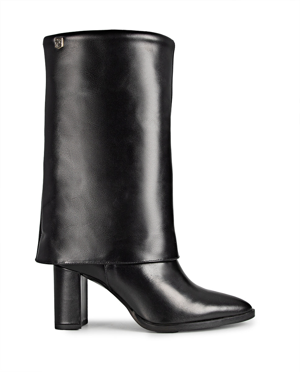 Black Leather Demi Heel Boot