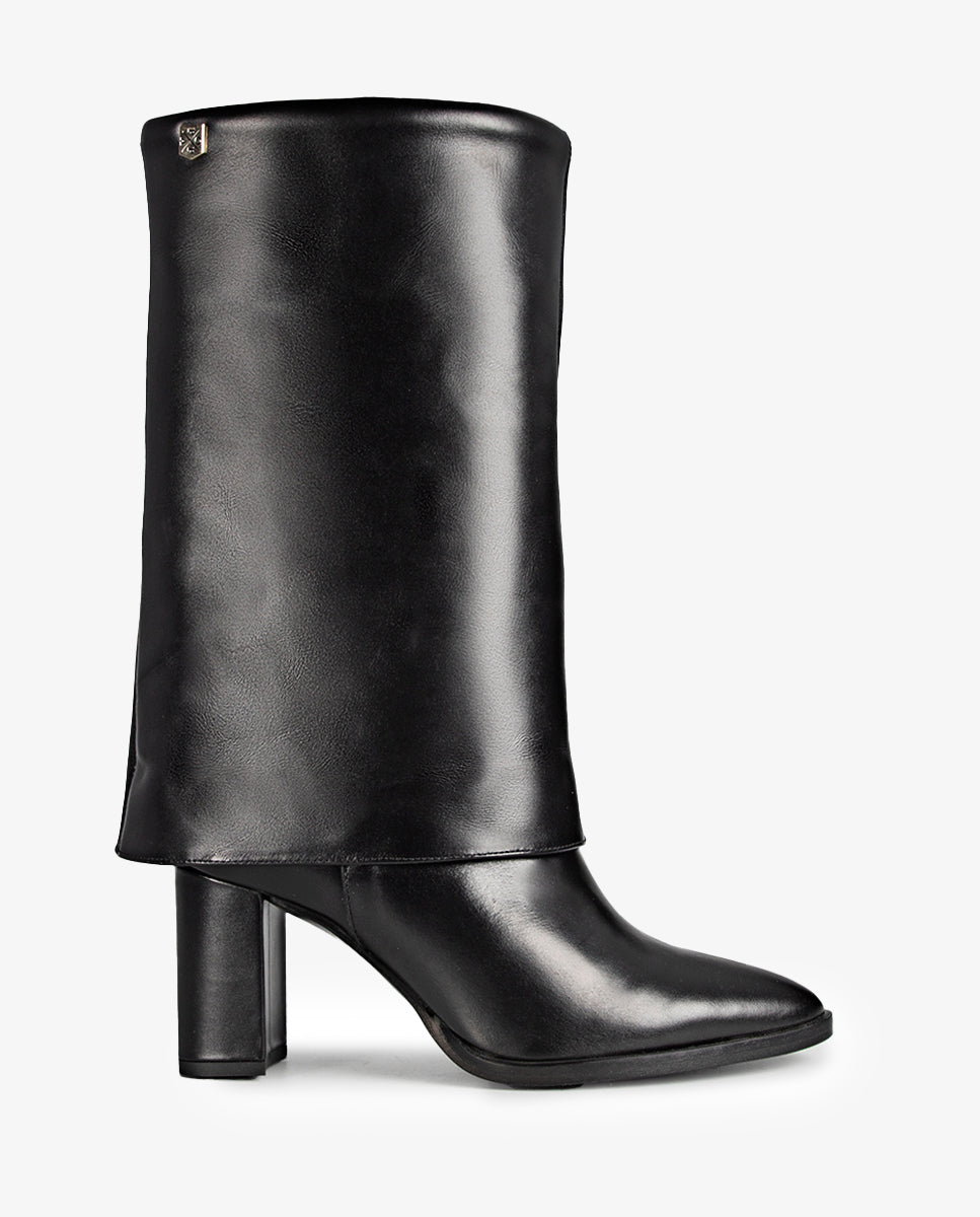 Black Leather Demi Heel Boot