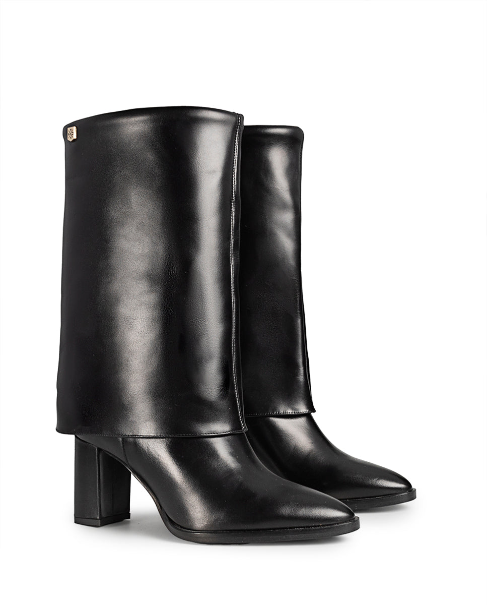 Black Leather Demi Heel Boot