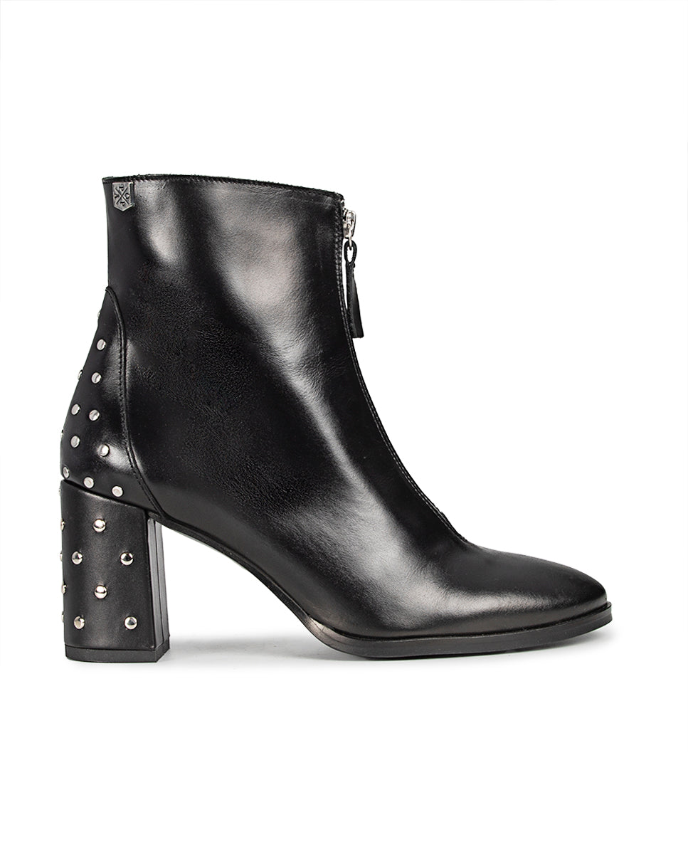 Cleopatra Heeled Boot in Black Leather and Studs