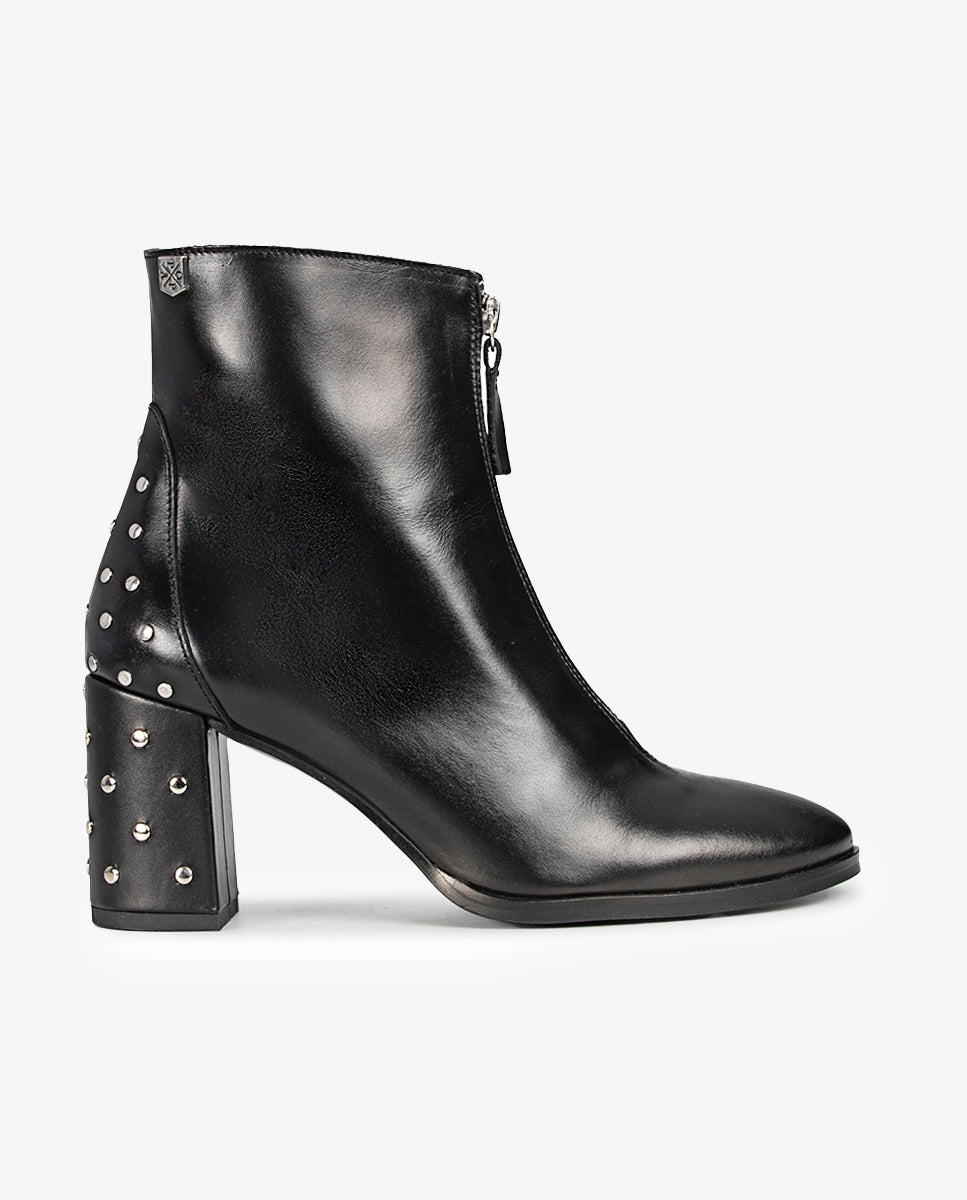 Cleopatra Heeled Boot in Black Leather and Studs