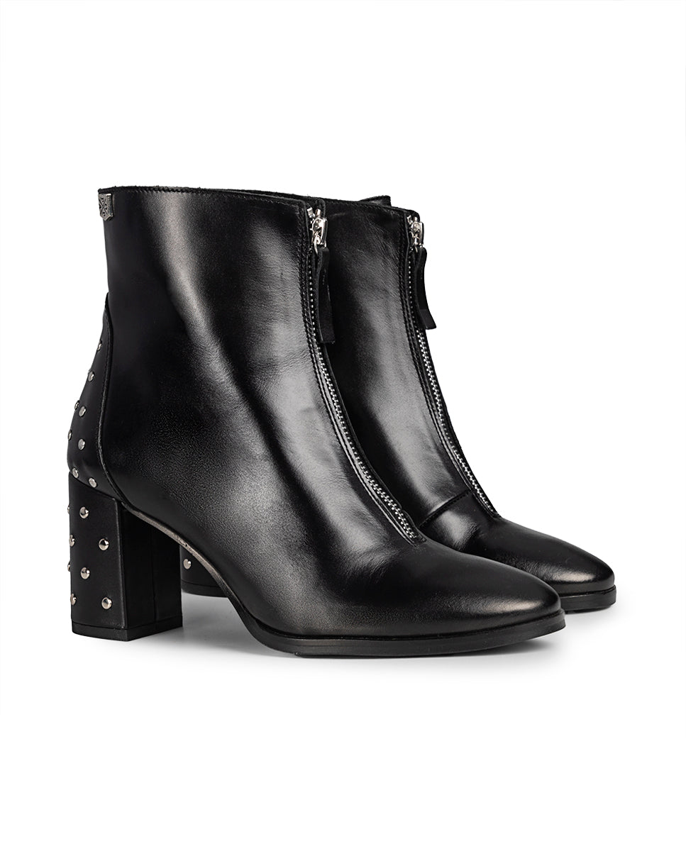 Cleopatra Heeled Boot in Black Leather and Studs