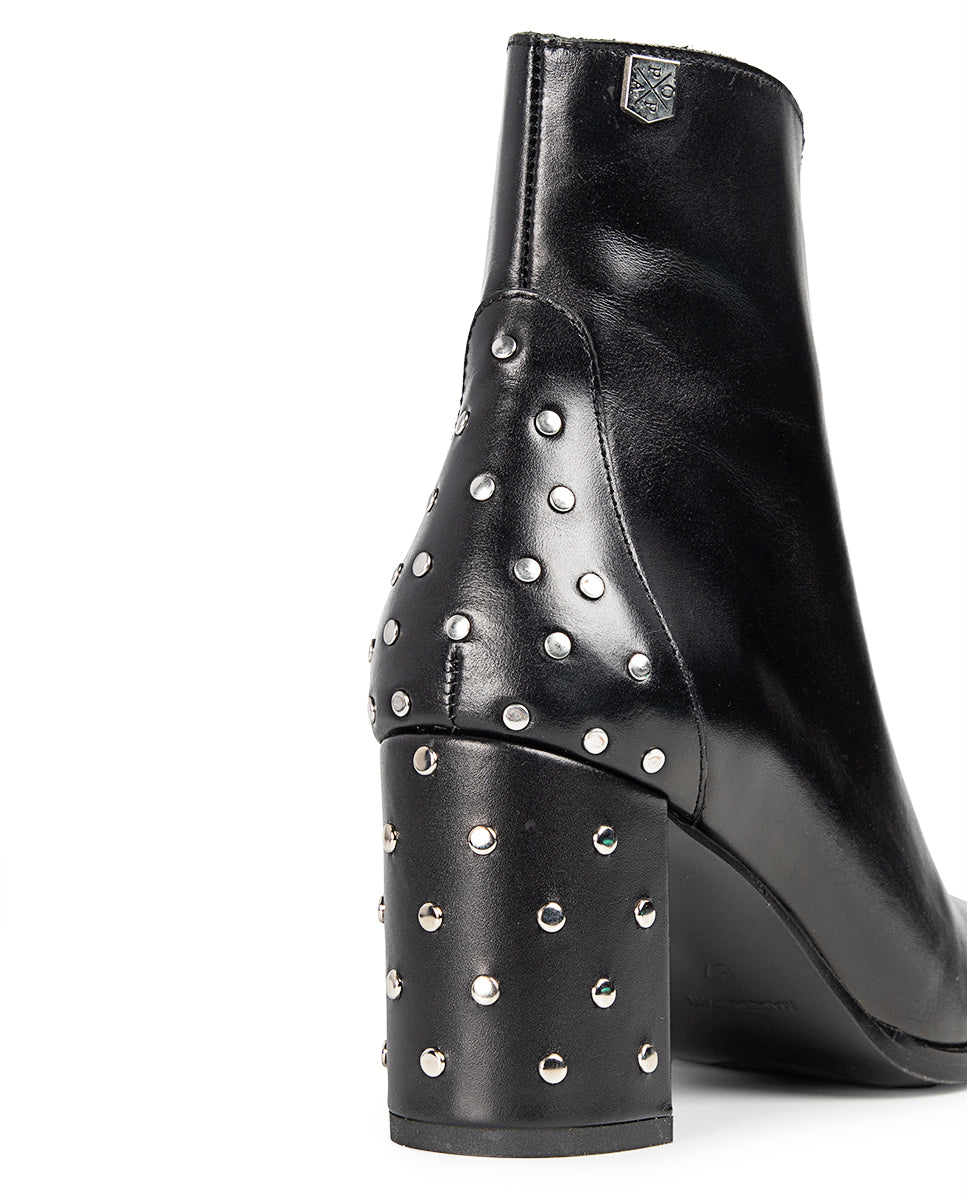 Cleopatra Heeled Boot in Black Leather and Studs