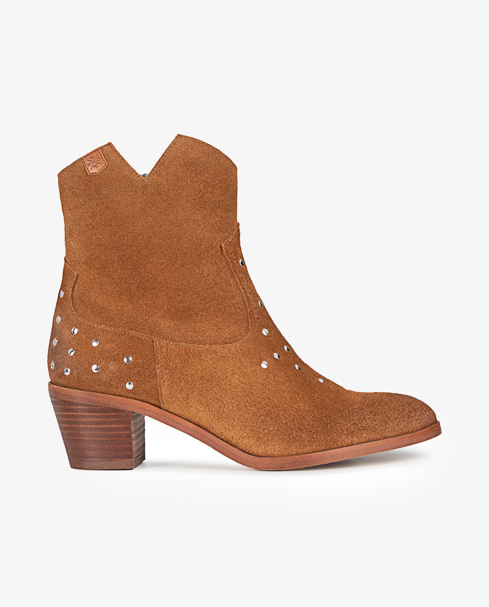 Milan Heeled Boot in Brown Leather and Studs