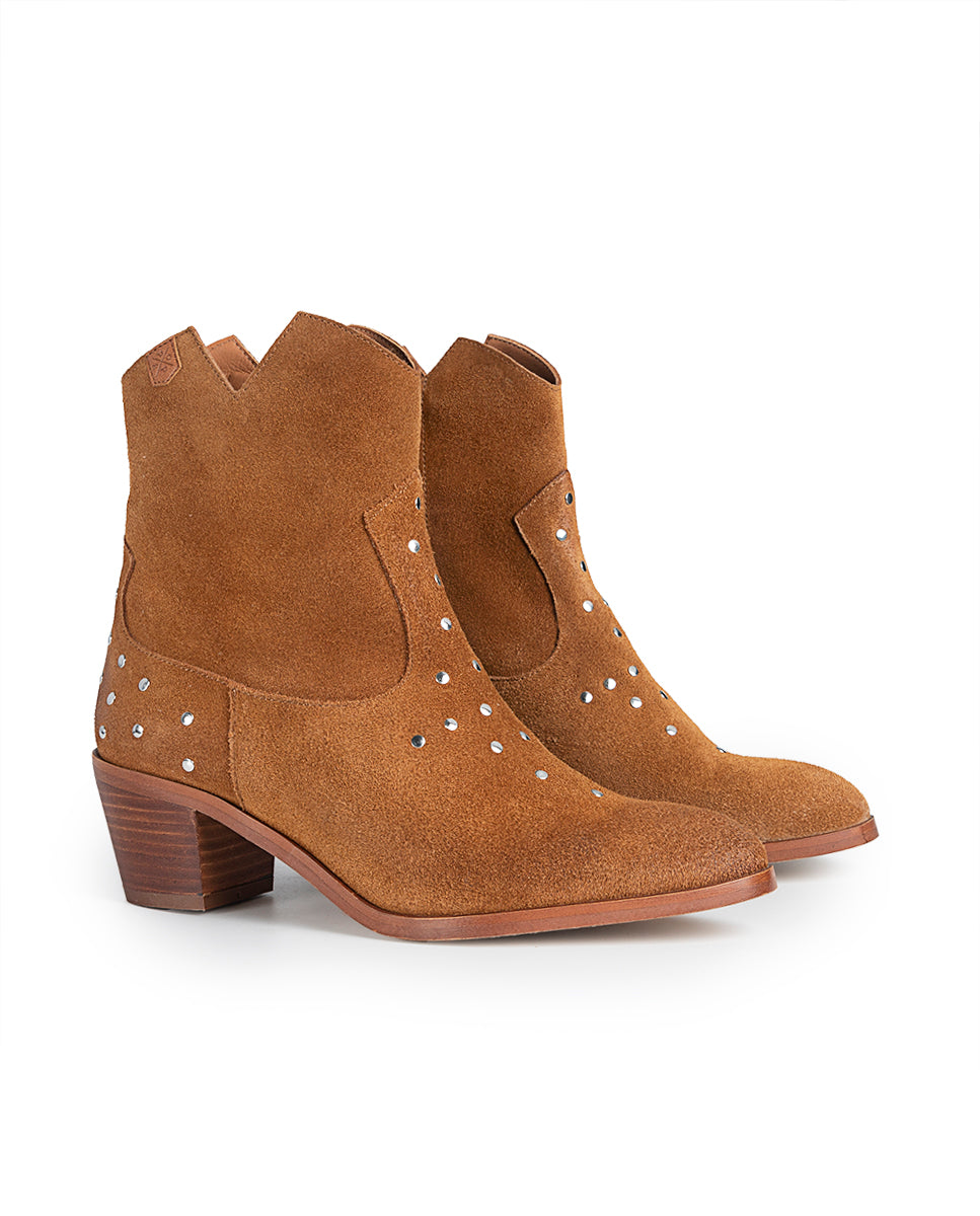 Milan Heeled Boot in Brown Leather and Studs