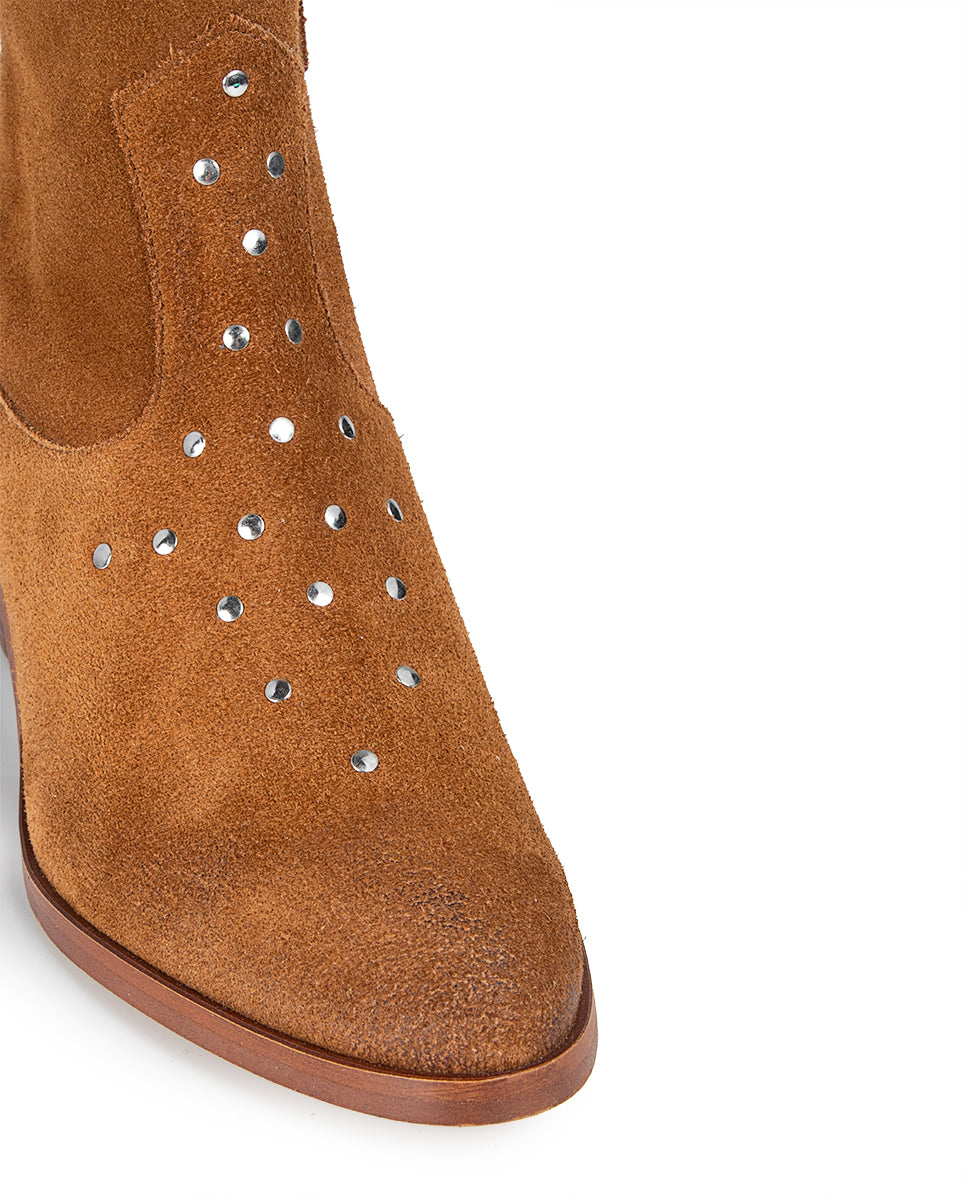 Milan Heeled Boot in Brown Leather and Studs