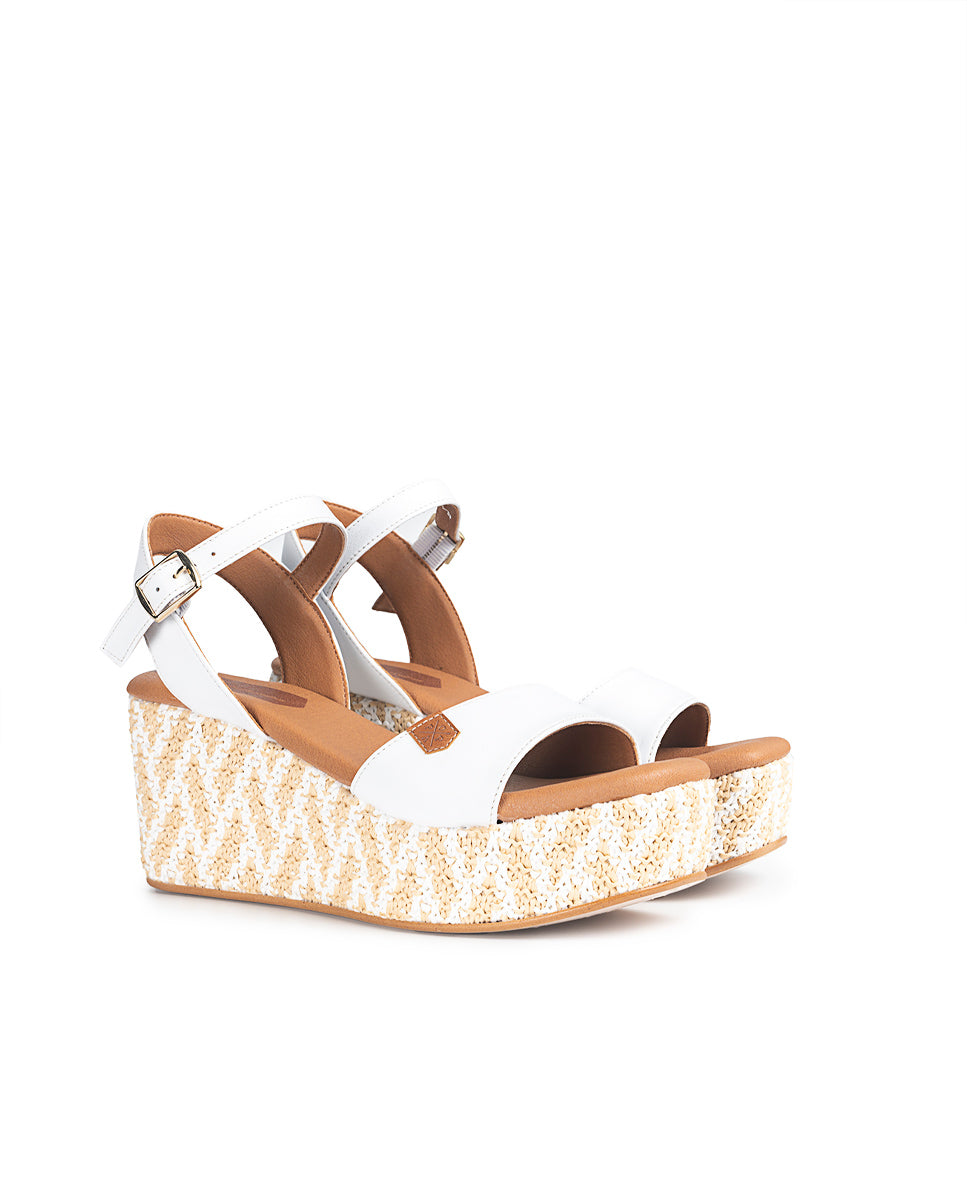 Low Jute Bombay White Leather Wedge with buckle