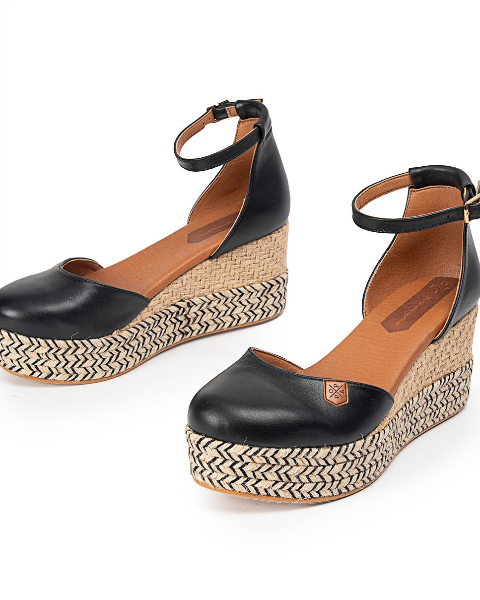 Low Jute Cantalar Black Leather Wedge with buckle