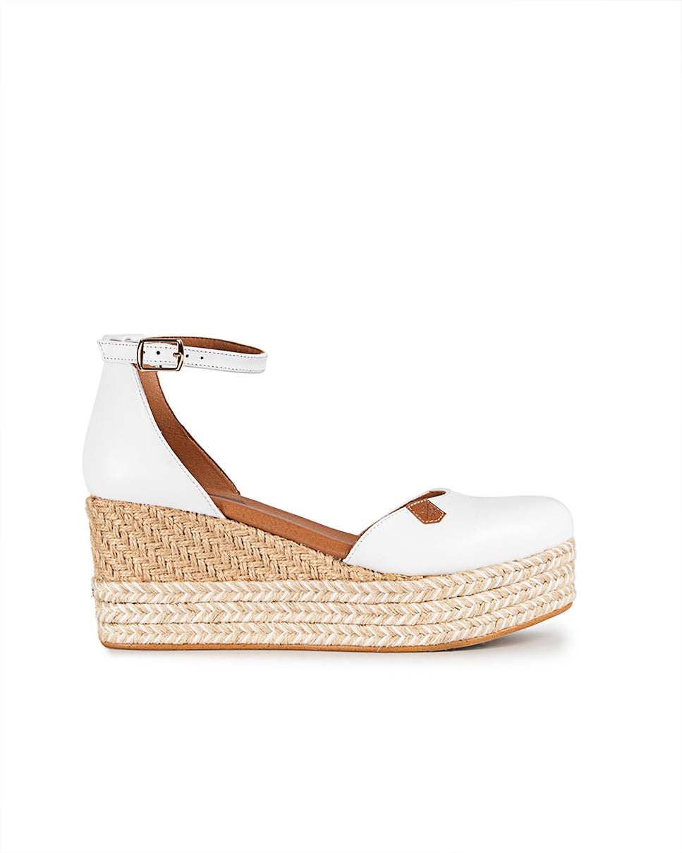 Low Jute Cantalar White Leather Wedge with buckle