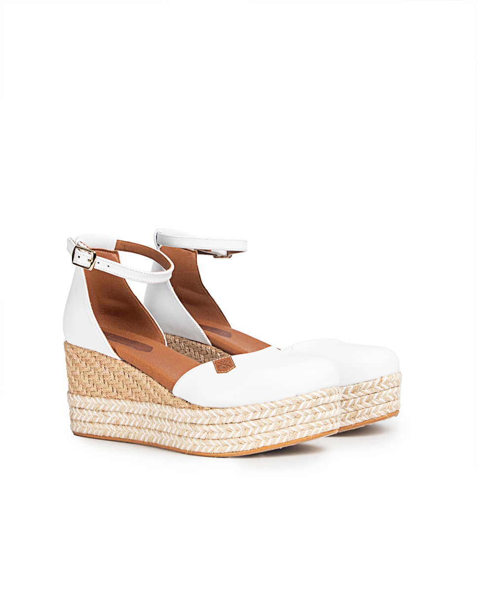 Low Jute Cantalar White Leather Wedge with buckle