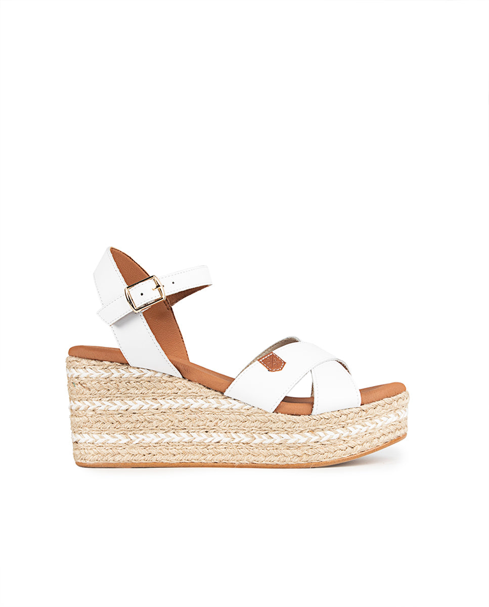 Low Jute Benijo White Leather Wedge with buckle