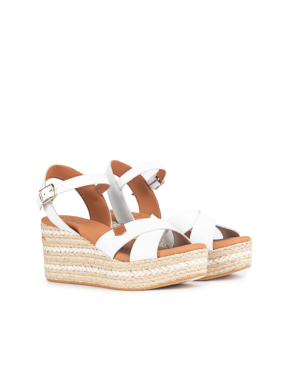 Low Jute Benijo White Leather Wedge with buckle