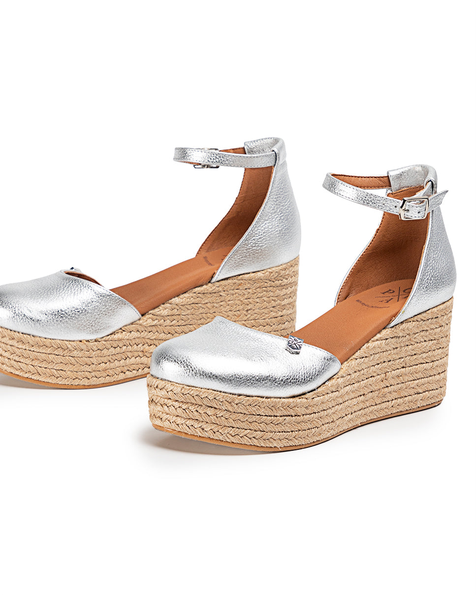 Low Jute Cantalar Laminated Silver Wedge with buckle