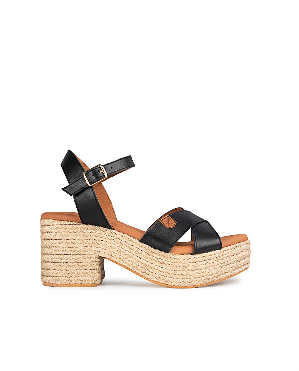 Wedge Heel Jute Clifton Black Leather with buckle