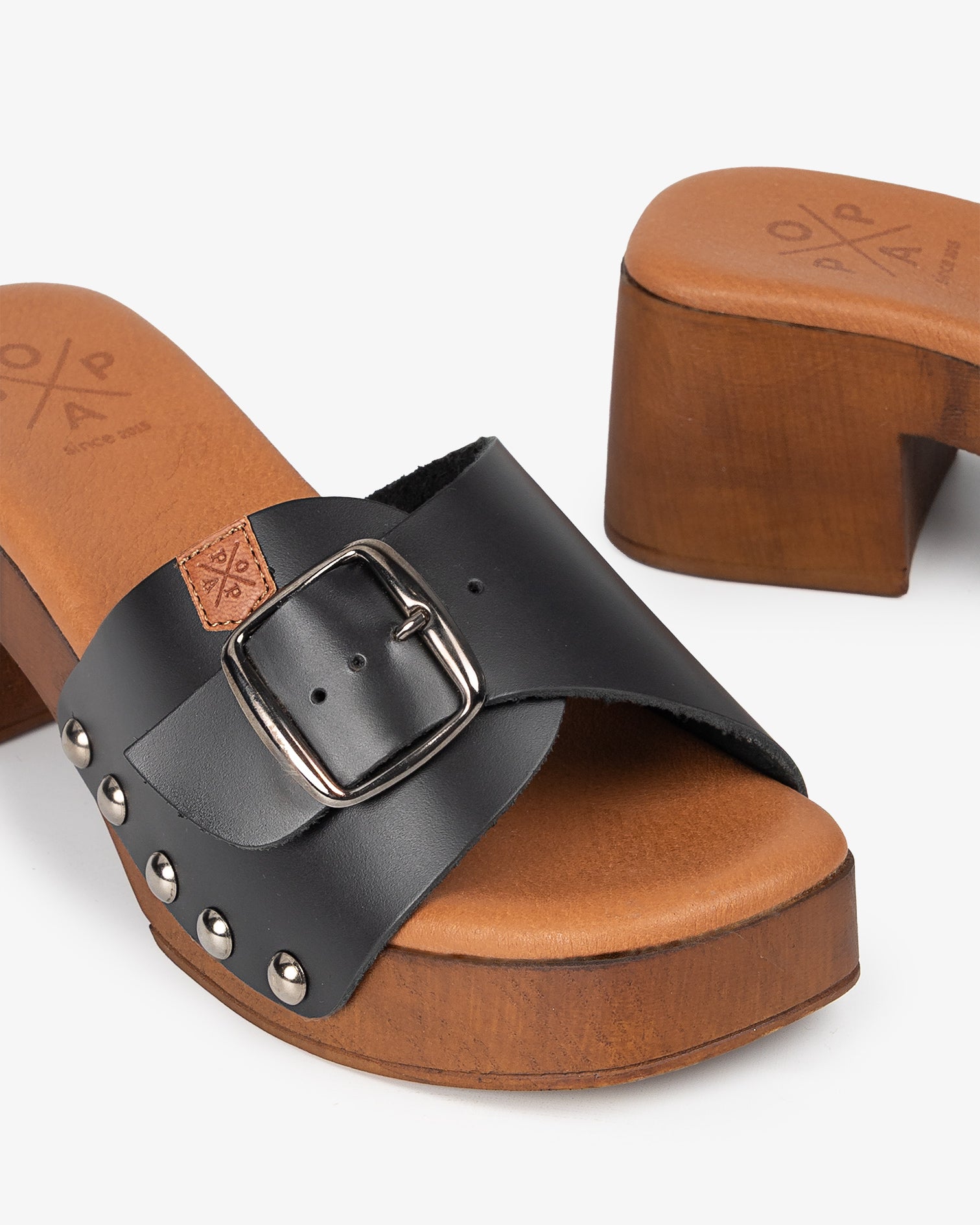 Sandalia Madera Tachas Ceiba Piel Negro 35