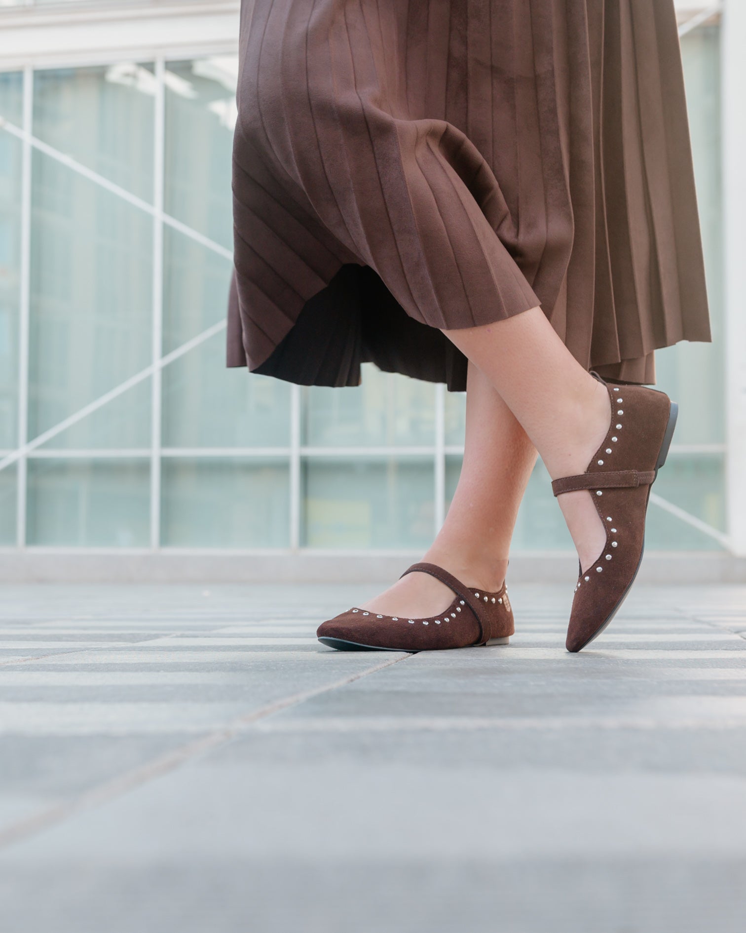 Brown Leather Ballerina with Studs Ondine