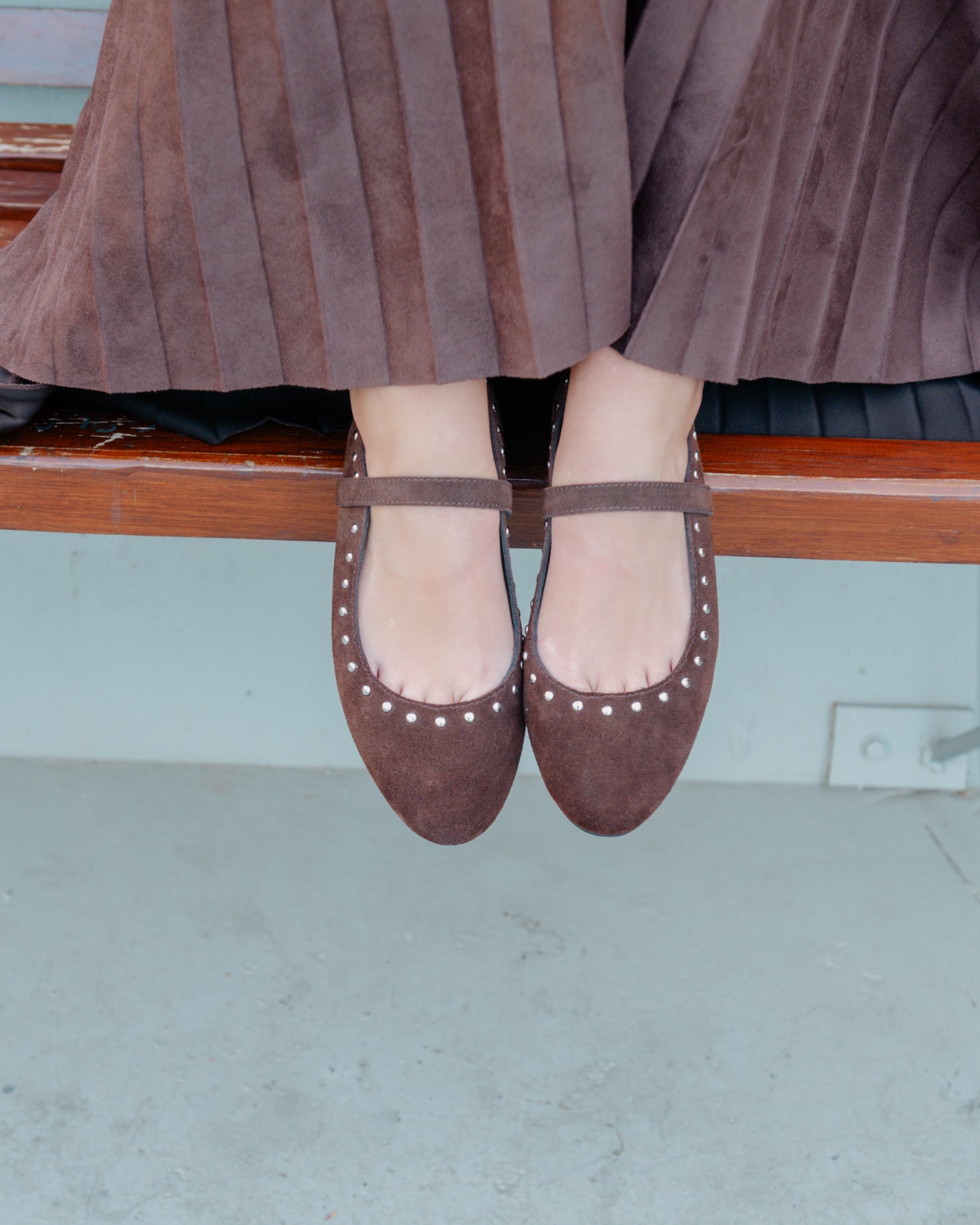 Brown Leather Ballerina with Studs Ondine