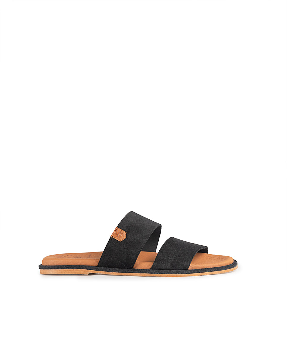 Sandale plate portable en daim noir
