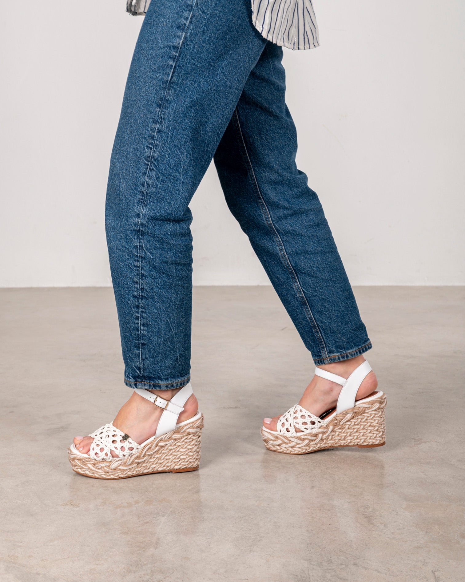 White Crochet Cambury High Wedge with Buckle