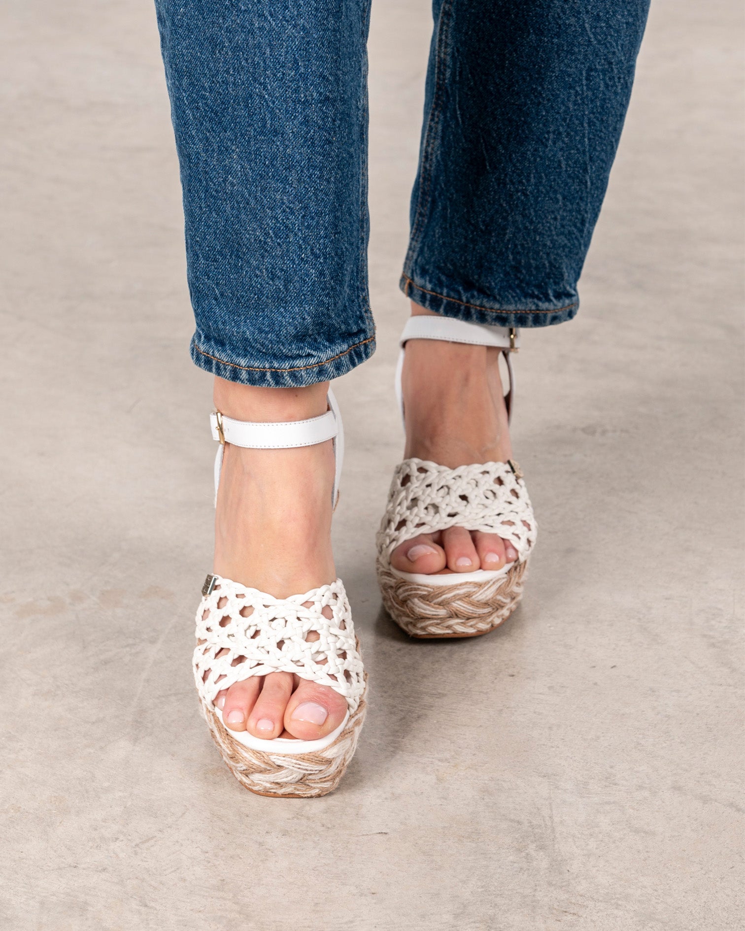 White Crochet Cambury High Wedge with Buckle