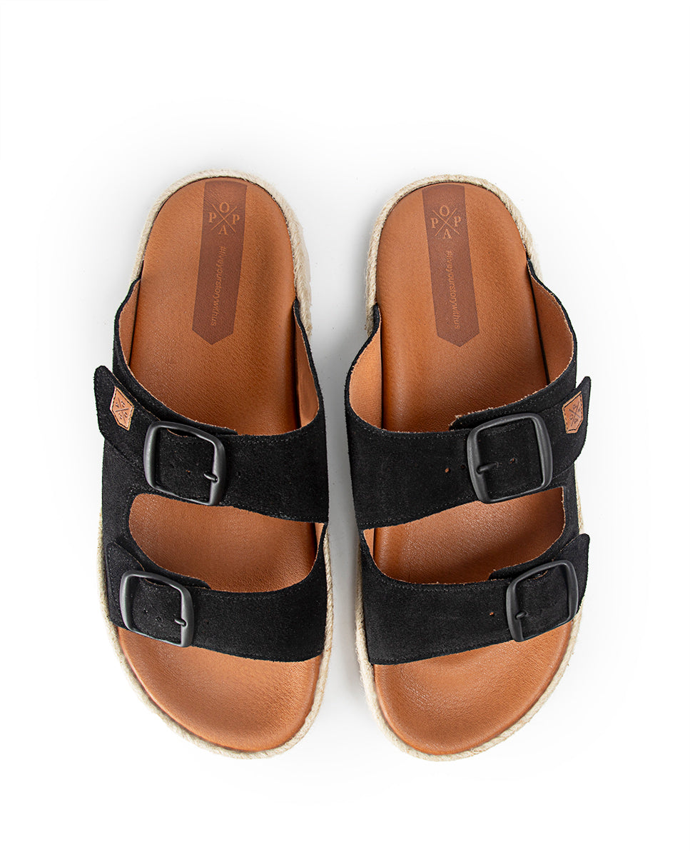 Sandale Plate Icacos Cuir Fendu Noir