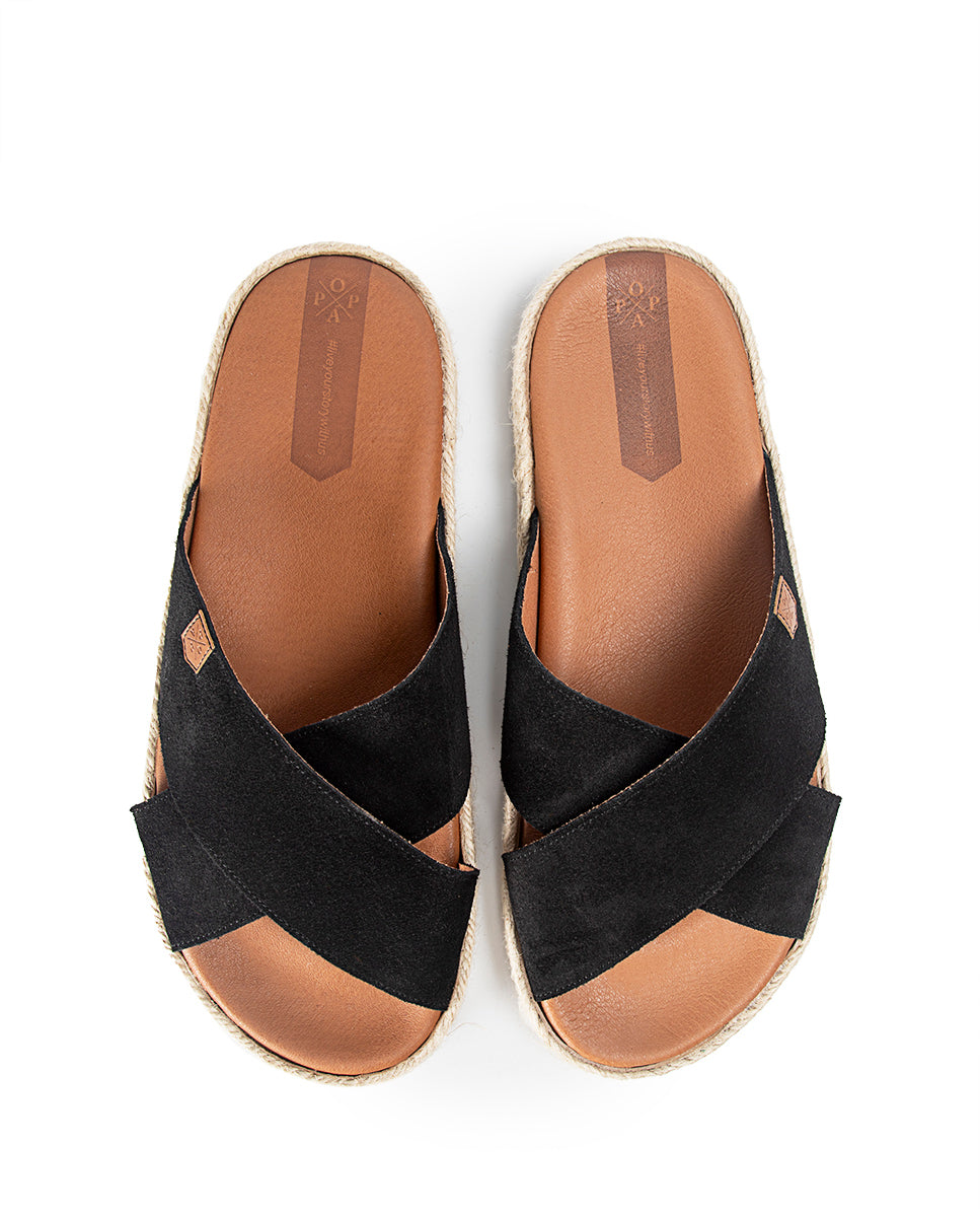 Sandale plate Niger en daim noir