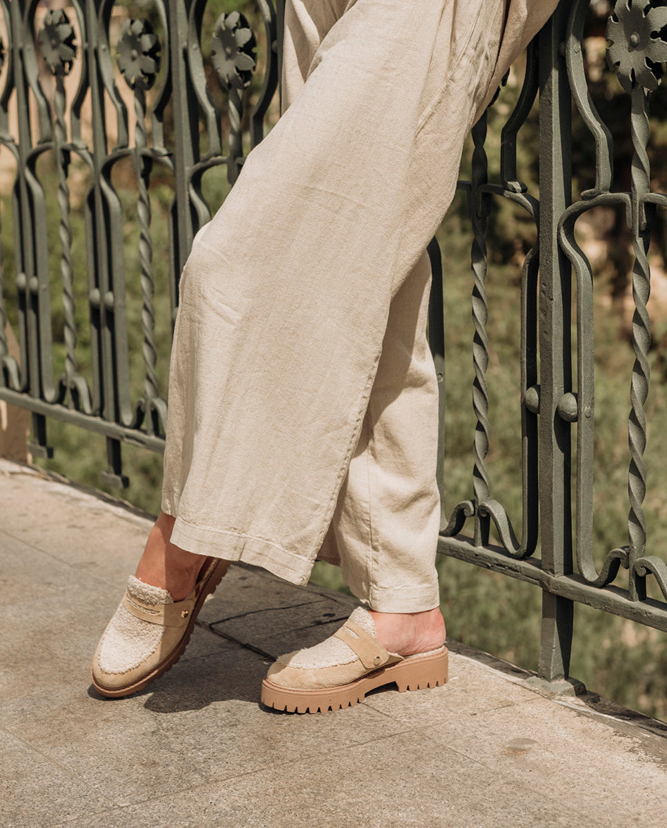 Beige Mauna Sheepskin Platform Mule