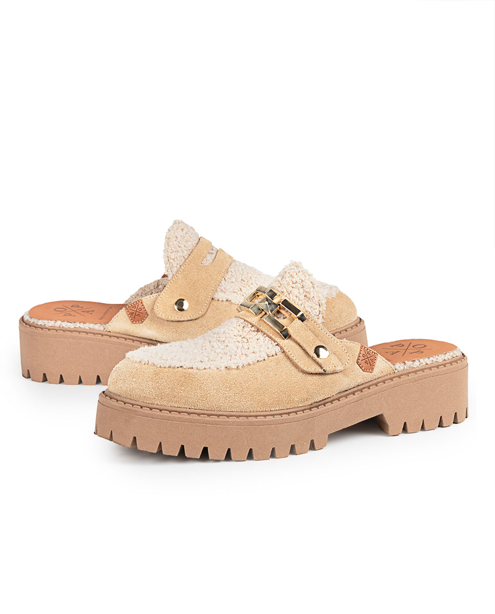 Beige Mauna Sheepskin Platform Mule