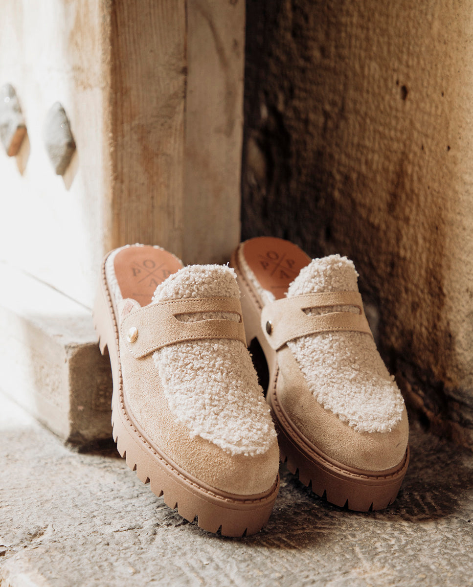 Beige Mauna Sheepskin Platform Mule