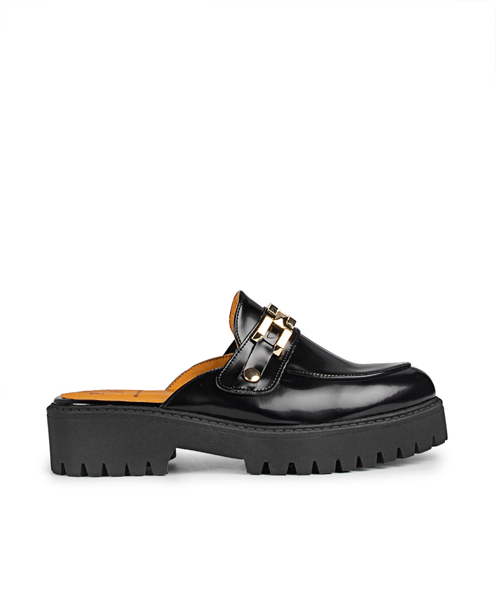 Mauna Black Leather Platform Mule