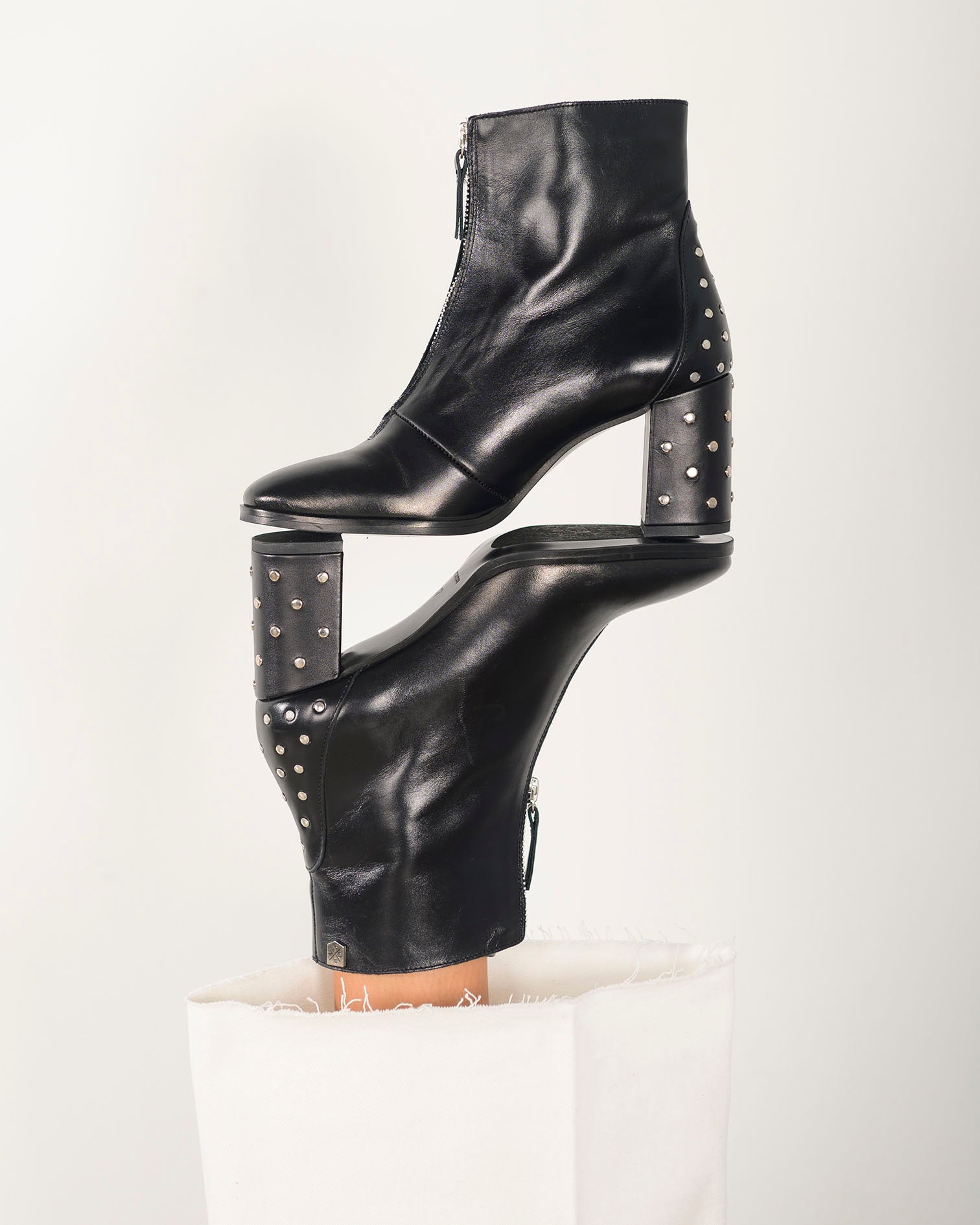 Cleopatra Heeled Boot in Black Leather and Studs