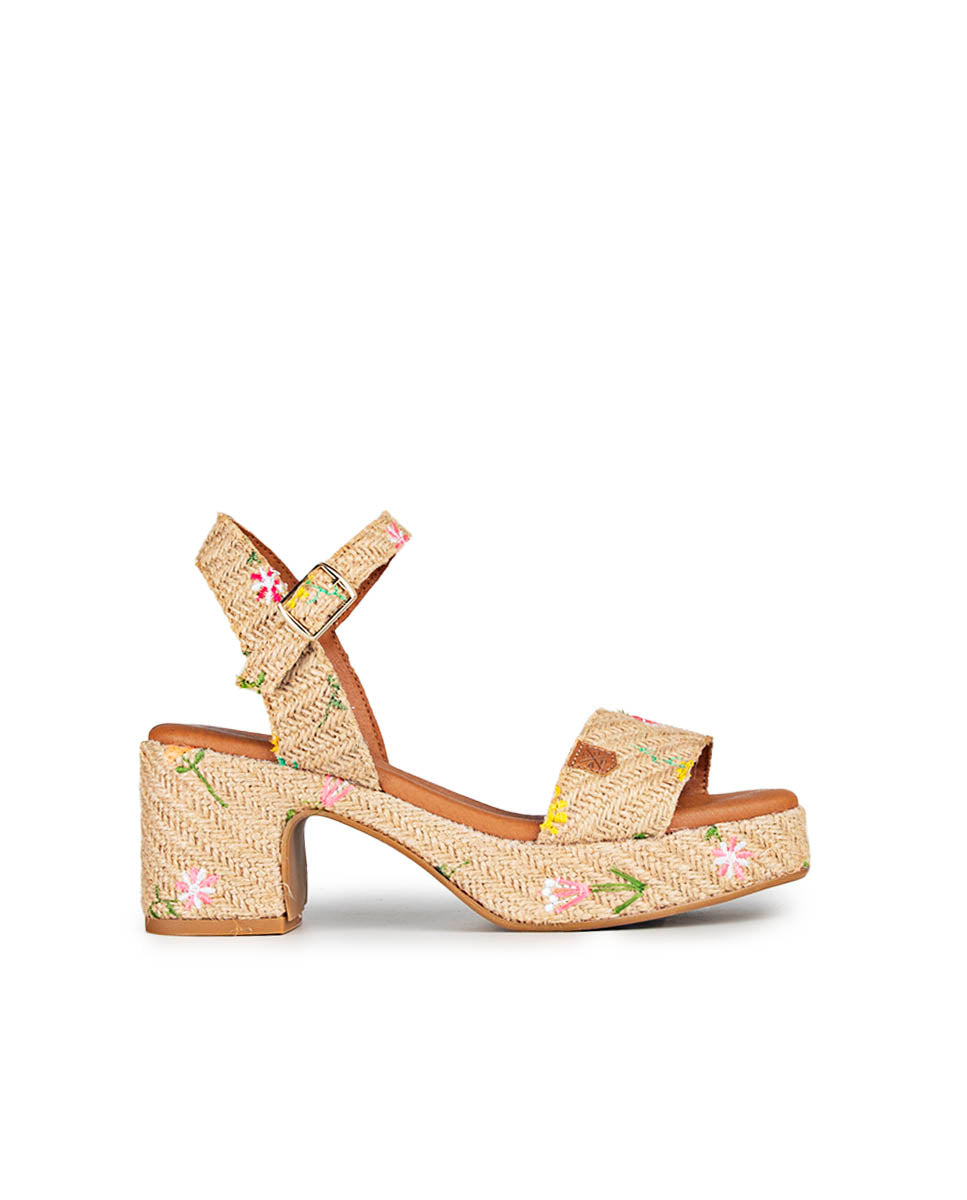 Natural Embroidered Beliche Heeled Wedge