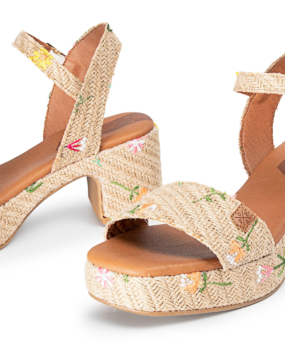 Natural Embroidered Beliche Heeled Wedge