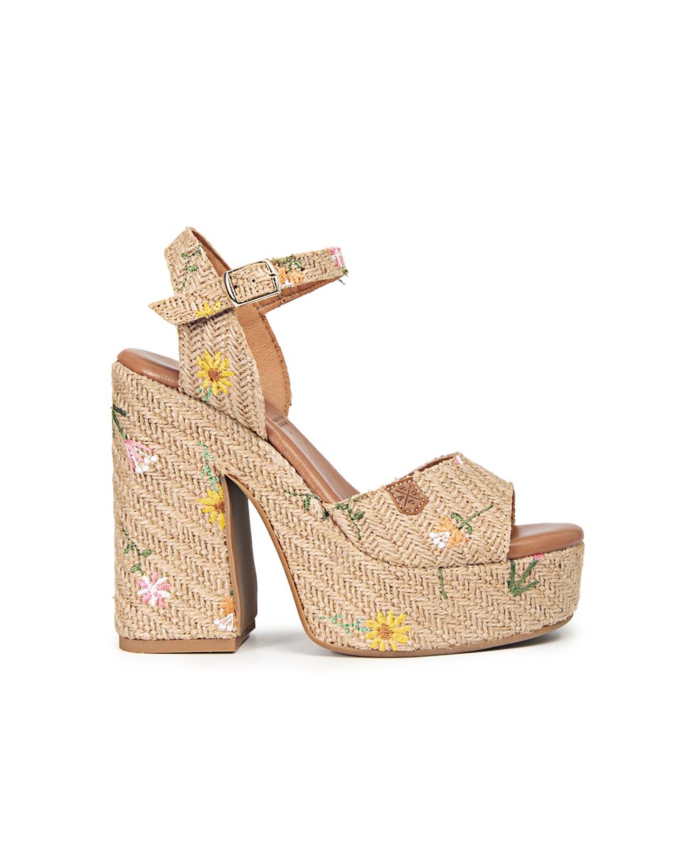 Natural Embroidered Saladeta Platform Heeled Sandal