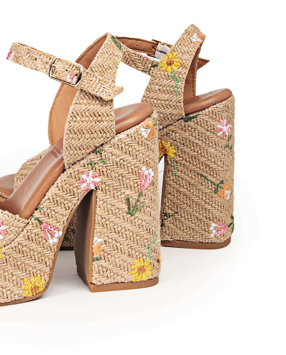 Natural Embroidered Saladeta Platform Heeled Sandal