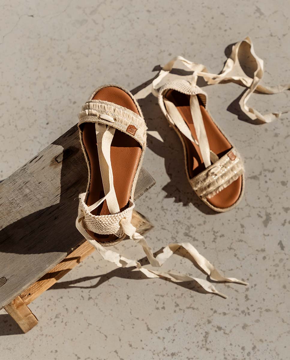 Beige Fringed Laced Flat Clara Menorcan Sandals