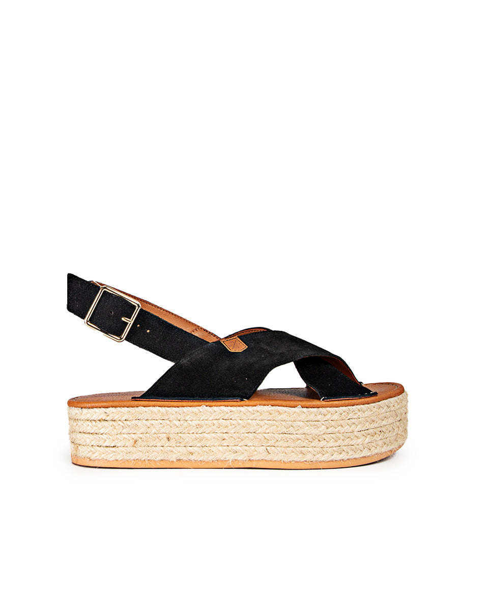 Black Split Leather Gamarro Platform Menorcan Sandals